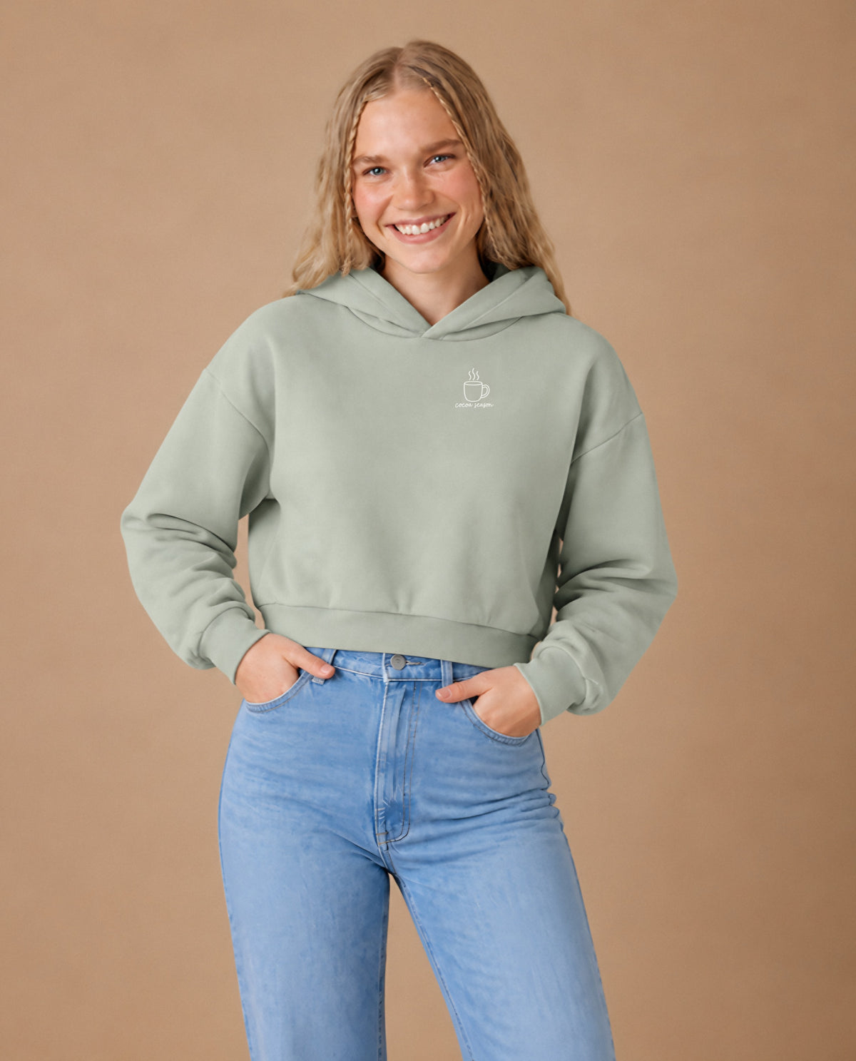 Cocoa Season minimalist crop hoodie for women in Matcha, worn by model, studio photo