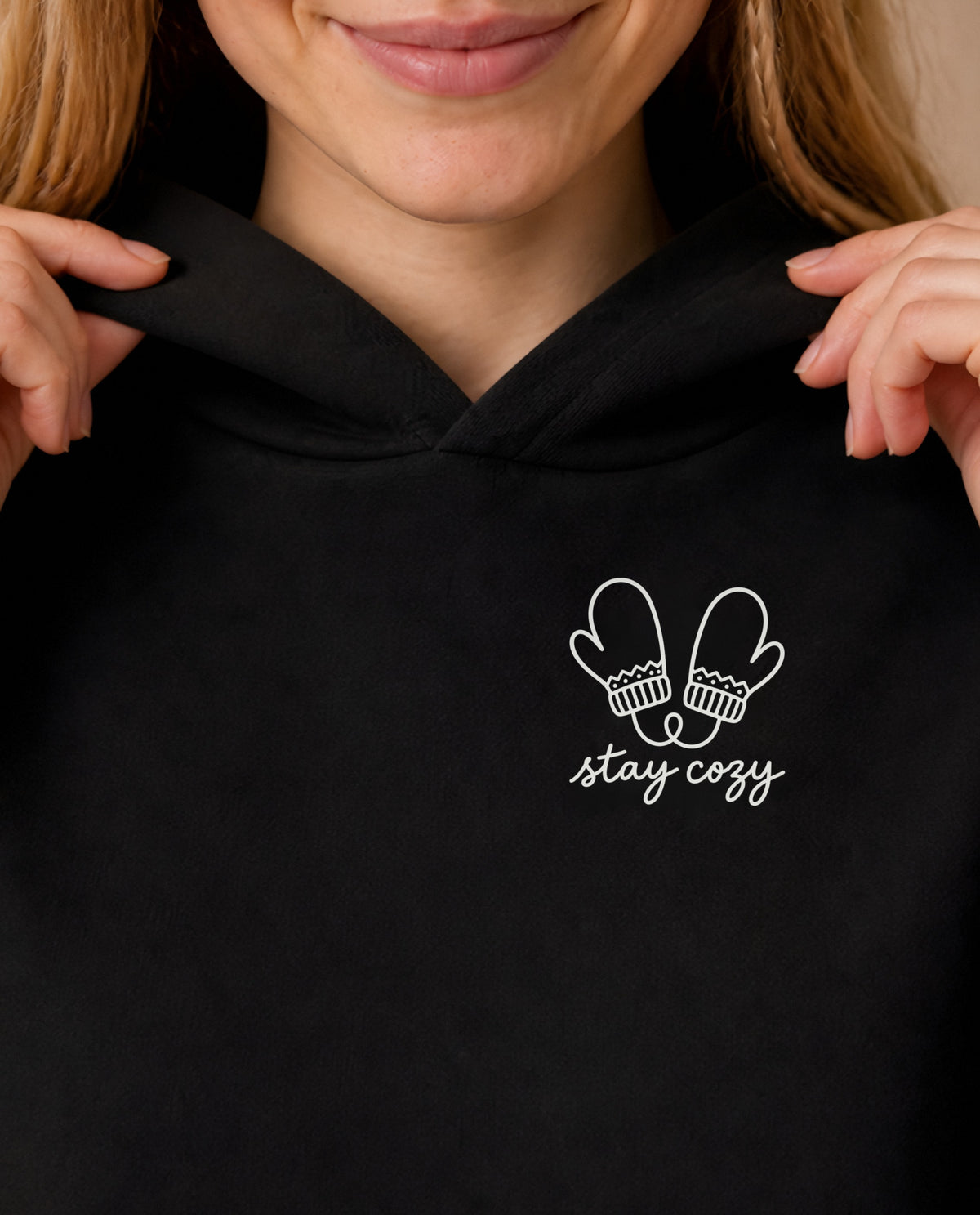 Stay Cozy minimalist crop hoodie for women in Black, print close-up