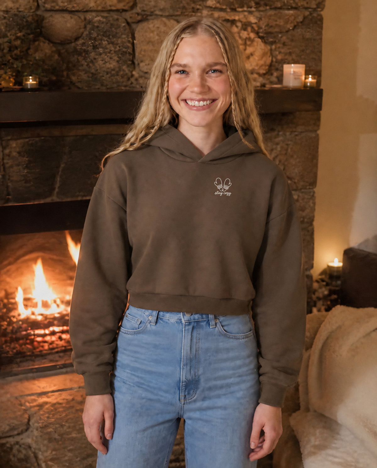 Stay Cozy minimalist crop hoodie for women in Coffee, worn by model, lifestyle photo