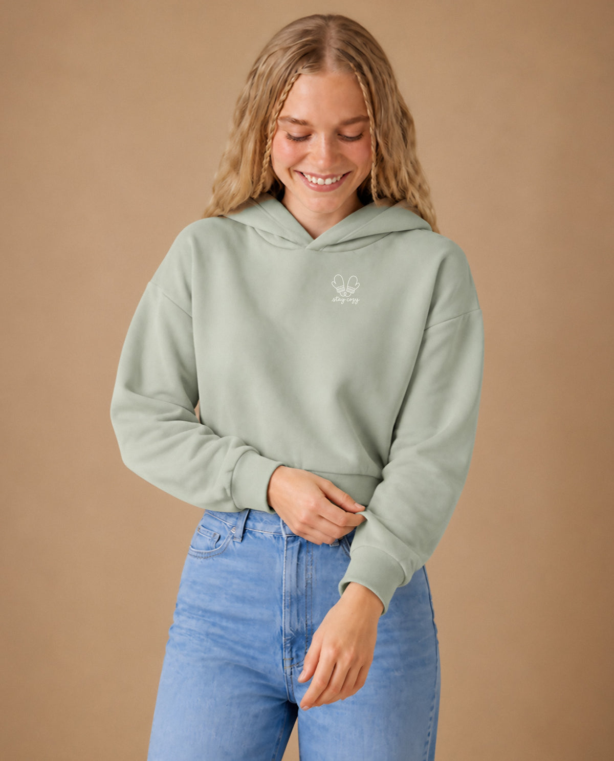 Stay Cozy minimalist crop hoodie for women in Matcha, worn by model, studio photo