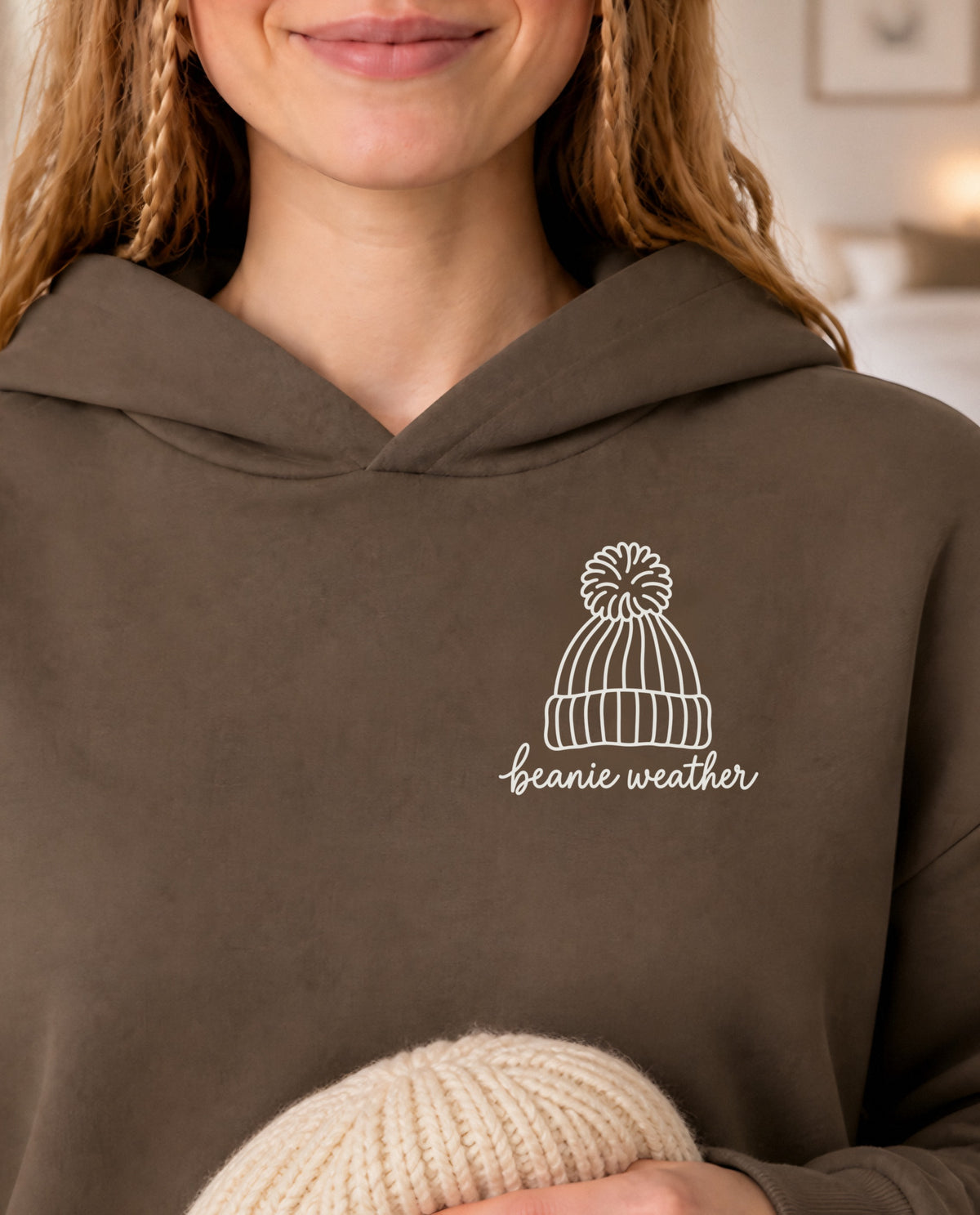 Beanie Weather minimalist crop hoodie for women in Coffee, print close-up