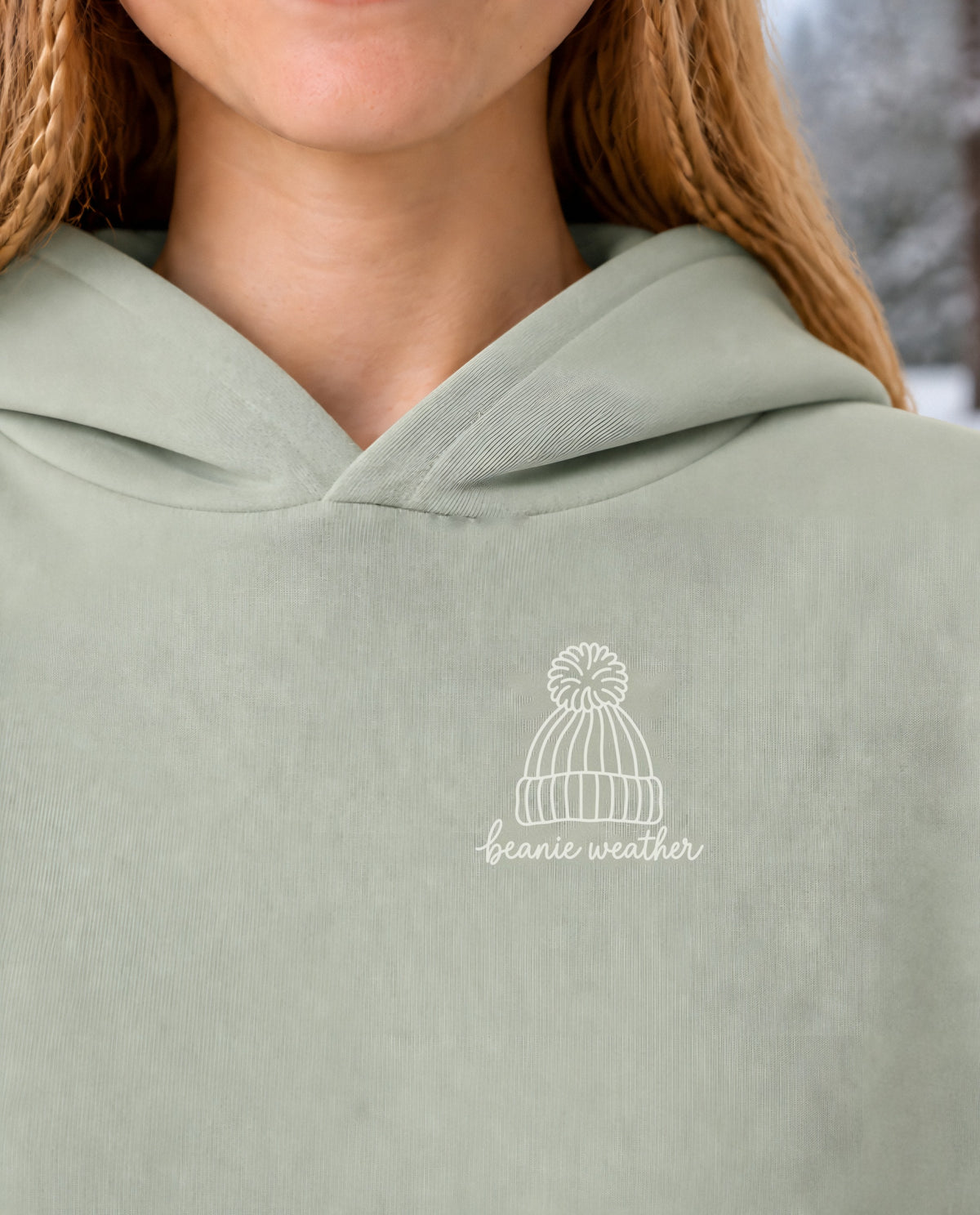 Beanie Weather minimalist crop hoodie for women in Matcha, print close-up