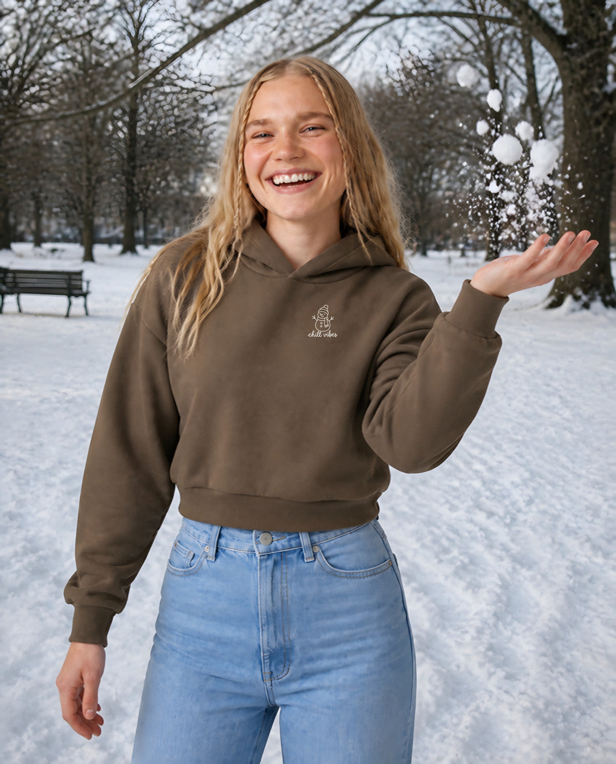 Chill Vibes minimalist crop hoodie for women in Coffee, worn by model, lifestyle photo
