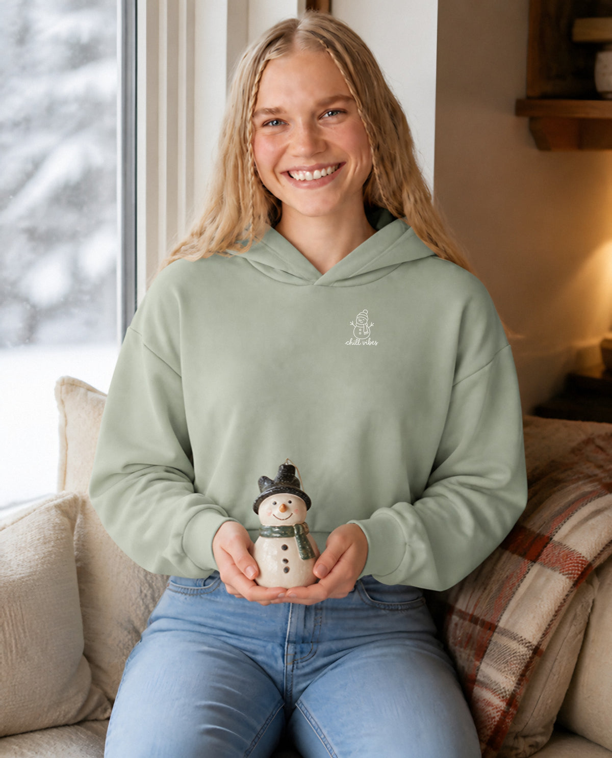 Chill Vibes minimalist crop hoodie for women in Matcha, worn by model, lifestyle photo