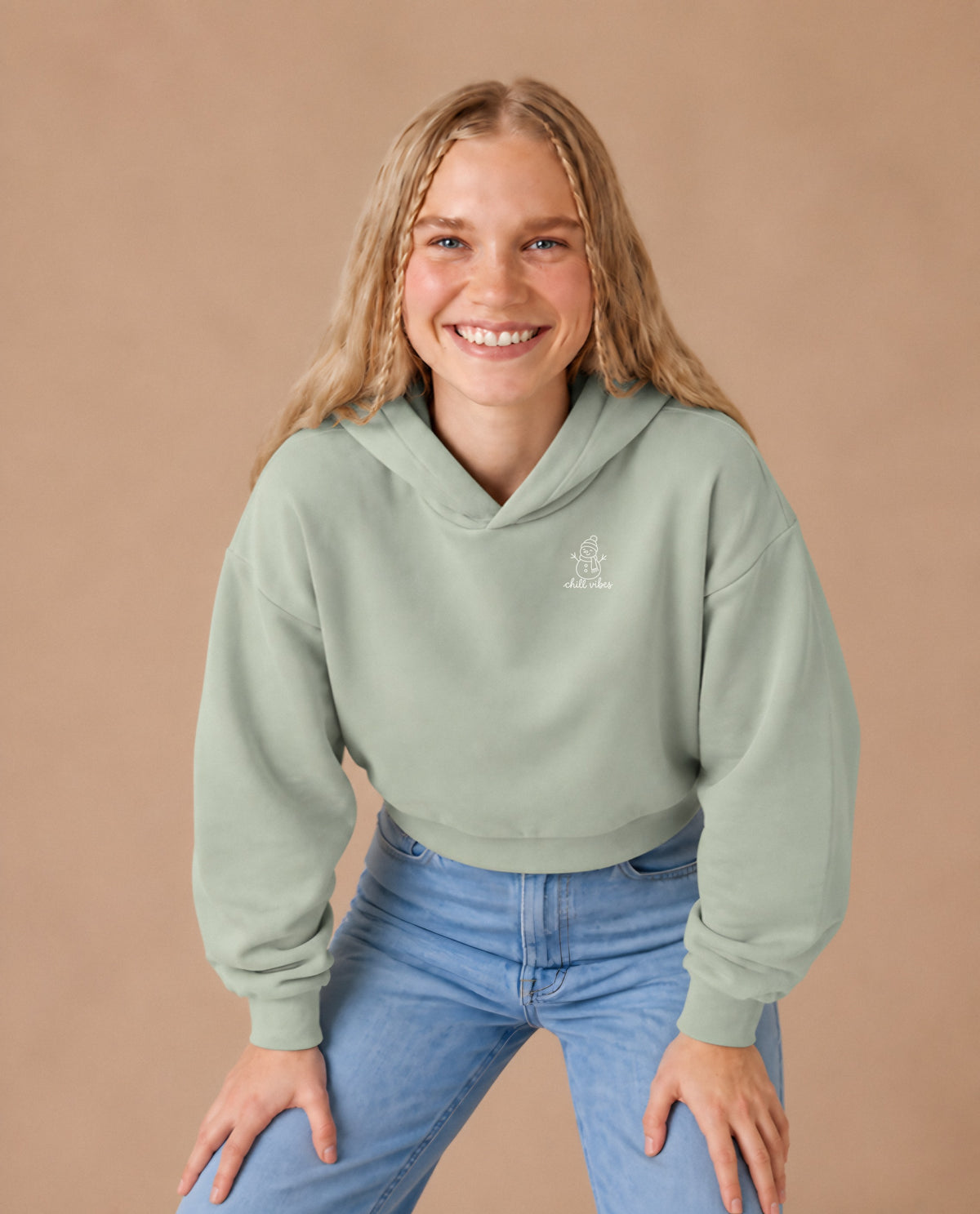 Chill Vibes minimalist crop hoodie for women in Matcha, worn by model, studio photo