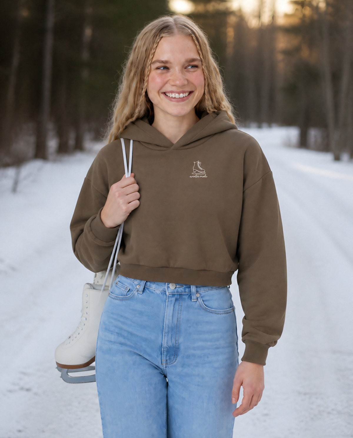 Winter Mode minimalist crop hoodie for women in Coffee, worn by model, lifestyle photo