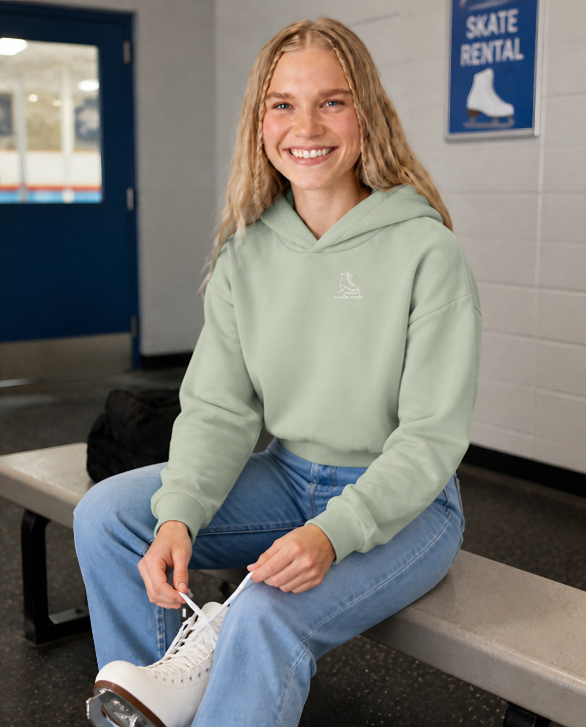 Winter Mode minimalist crop hoodie for women in Matcha, worn by model, lifestyle photo