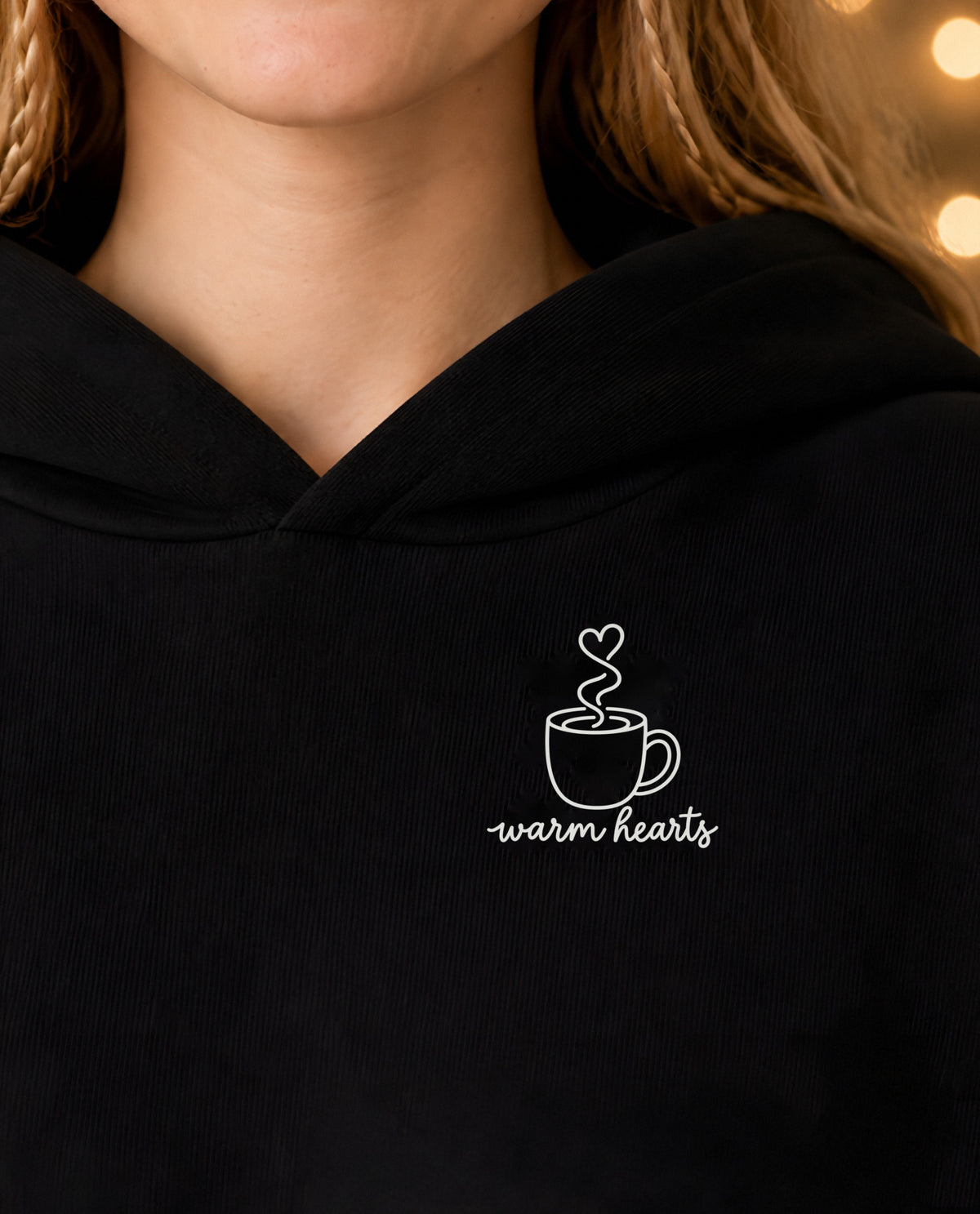 Warm Hearts minimalist crop hoodie for women in Black, print close-up