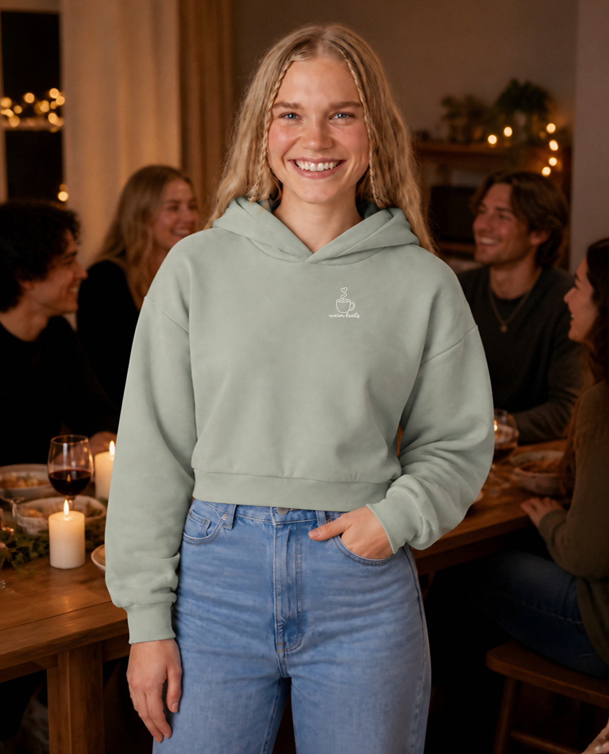 Warm Hearts minimalist crop hoodie for women in Matcha, worn by model, lifestyle photo