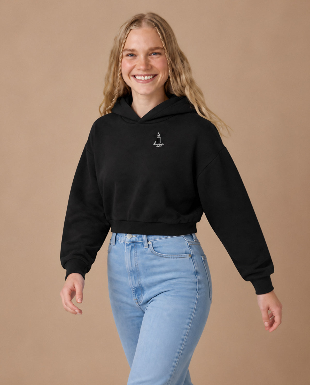 Hygge minimalist crop hoodie for women in Black, worn by model, studio photo