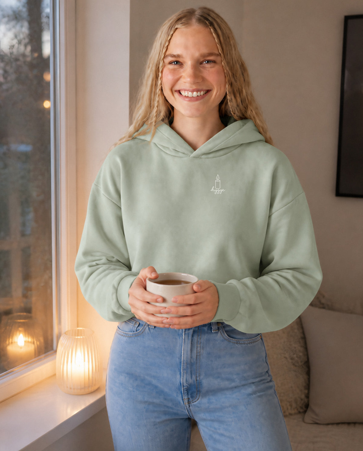 Hygge minimalist crop hoodie for women in Matcha, worn by model, lifestyle photo