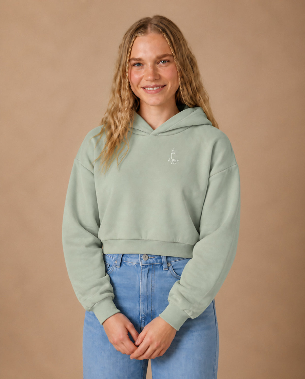 Hygge minimalist crop hoodie for women in Matcha, worn by model, studio photo