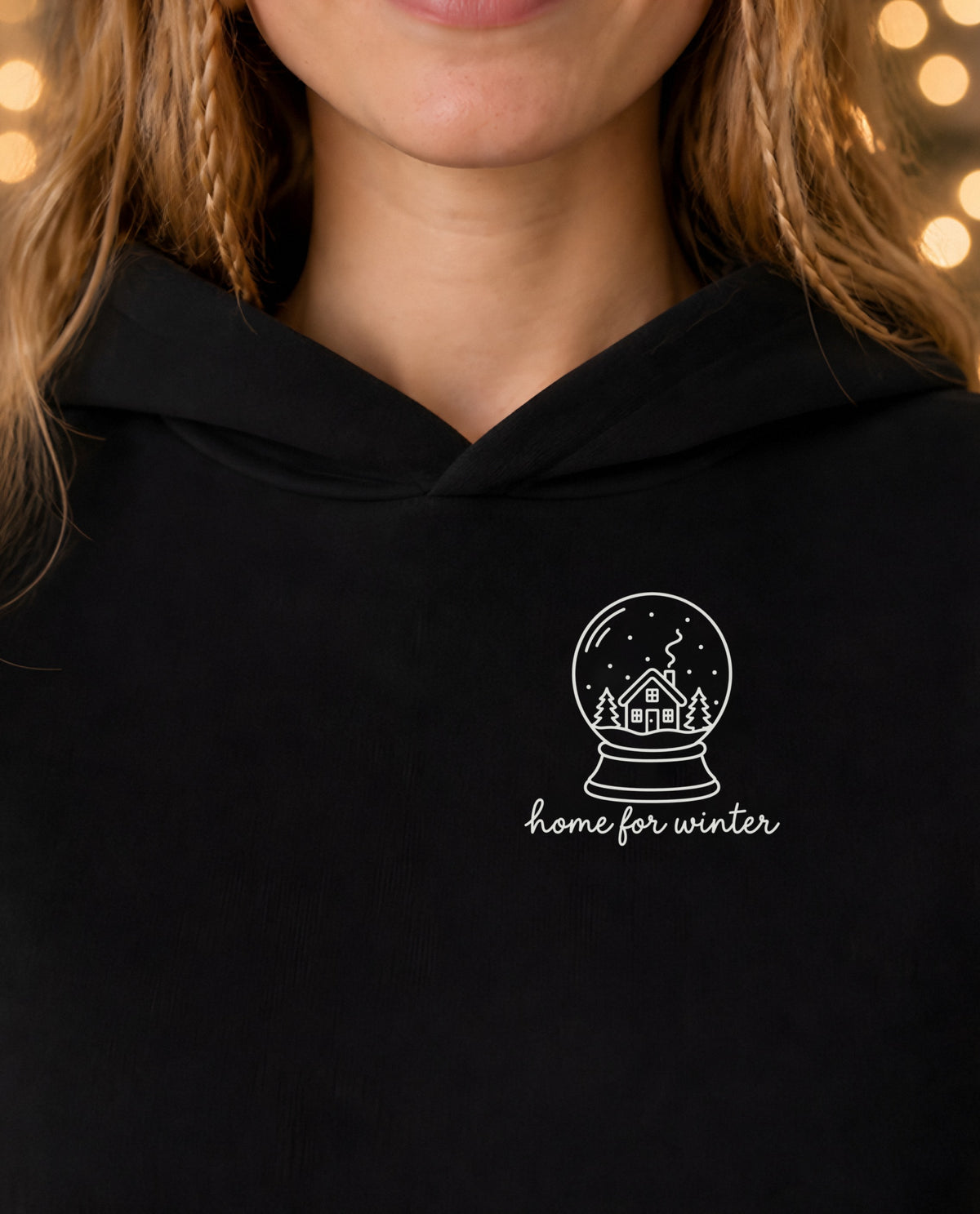 Home for Winter minimalist crop hoodie for women in Black, print close-up
