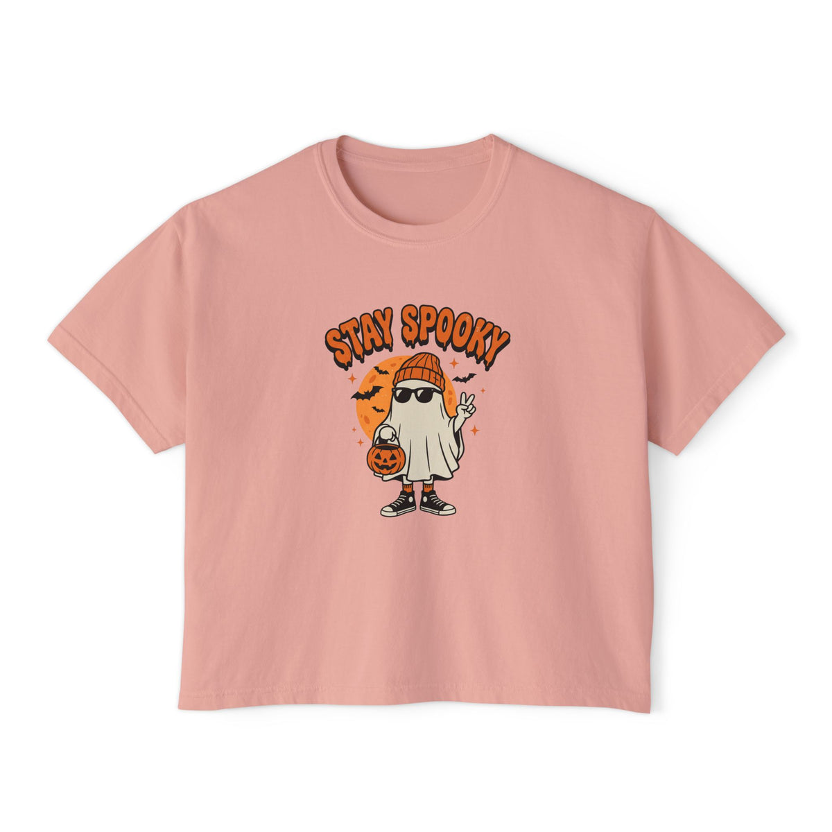 Stay Spooky ghost Halloween graphic crop tee for women, photo 3 (Color: Peachy)