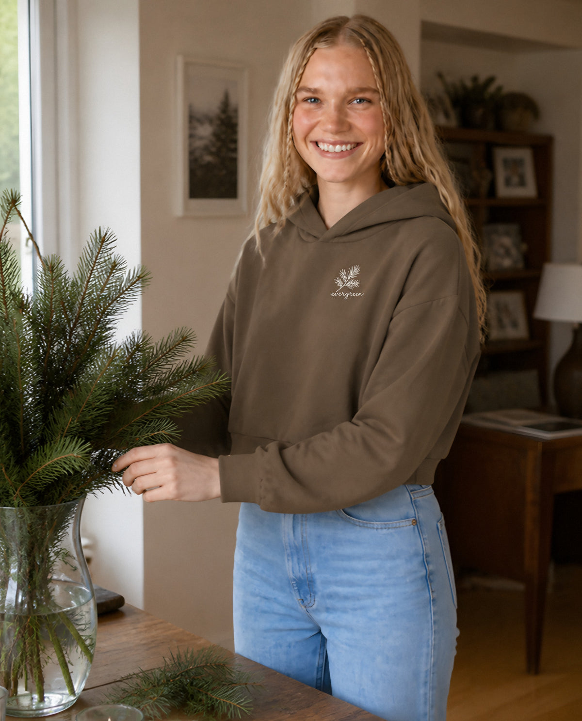 Evergreen minimalist crop hoodie for women in Coffee, worn by model, lifestyle photo