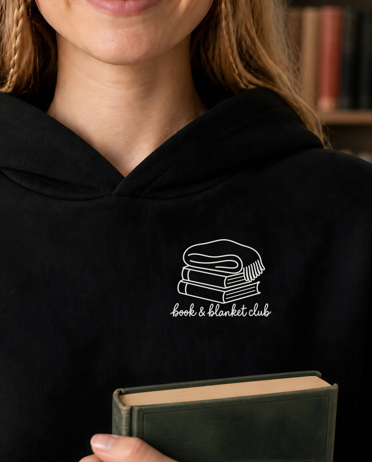 Book & Blanket Club minimalist crop hoodie for women in Black, print close-up