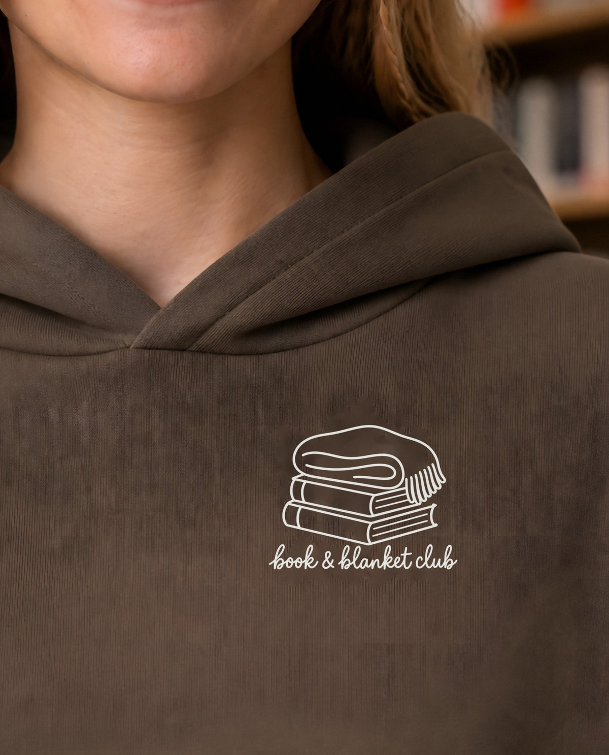 Book & Blanket Club minimalist crop hoodie for women in Coffee, print close-up