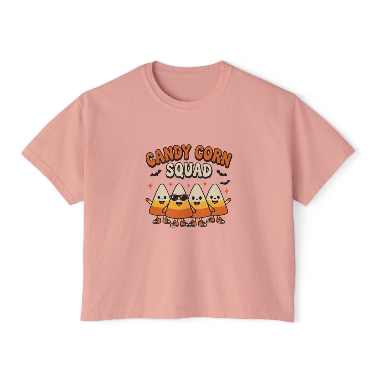 Peachy Candy Corn Squad boxy crop tee, flat lay (Color: Peachy)