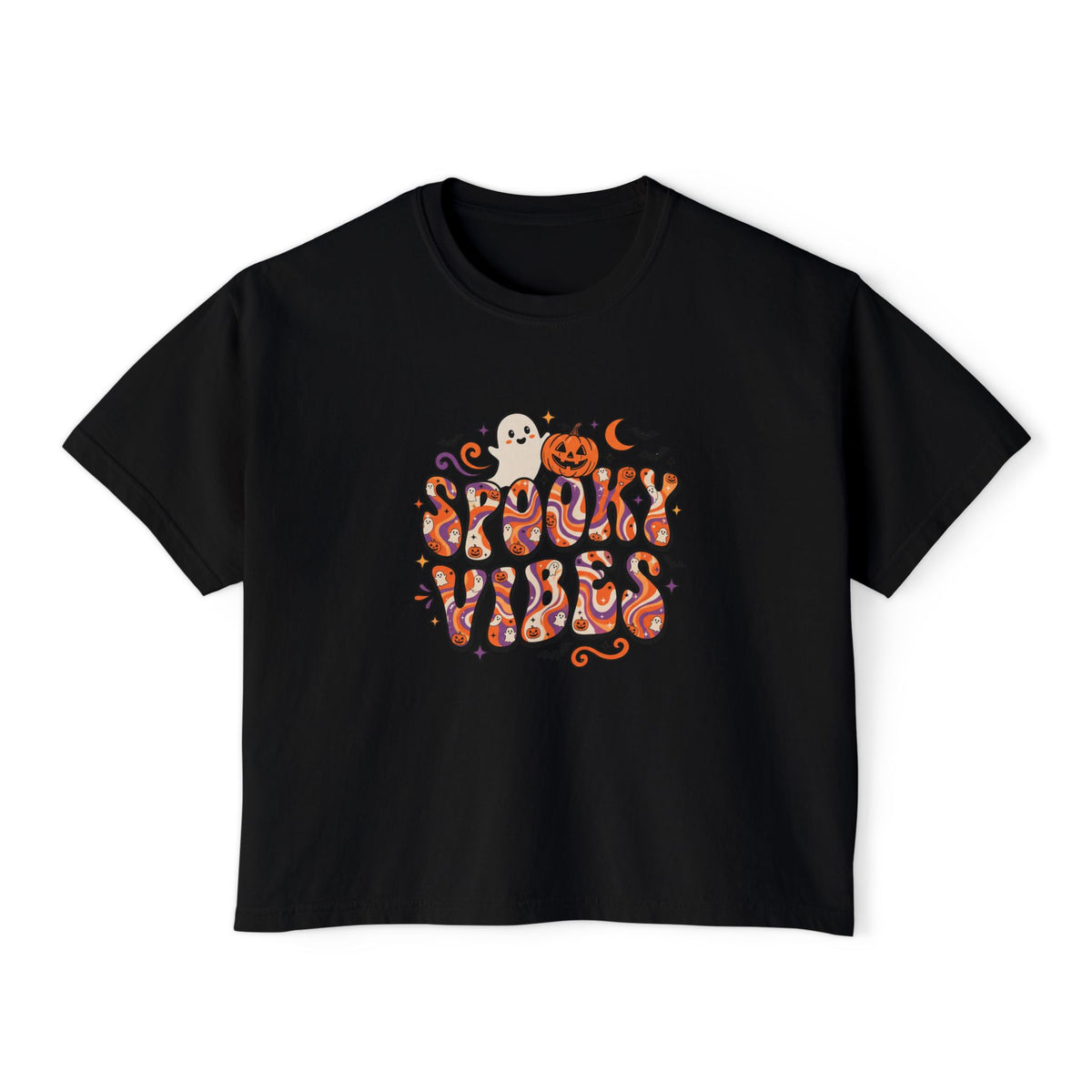 Black Spooky Vibes Retro boxy crop tee, flat lay (Color: Black)