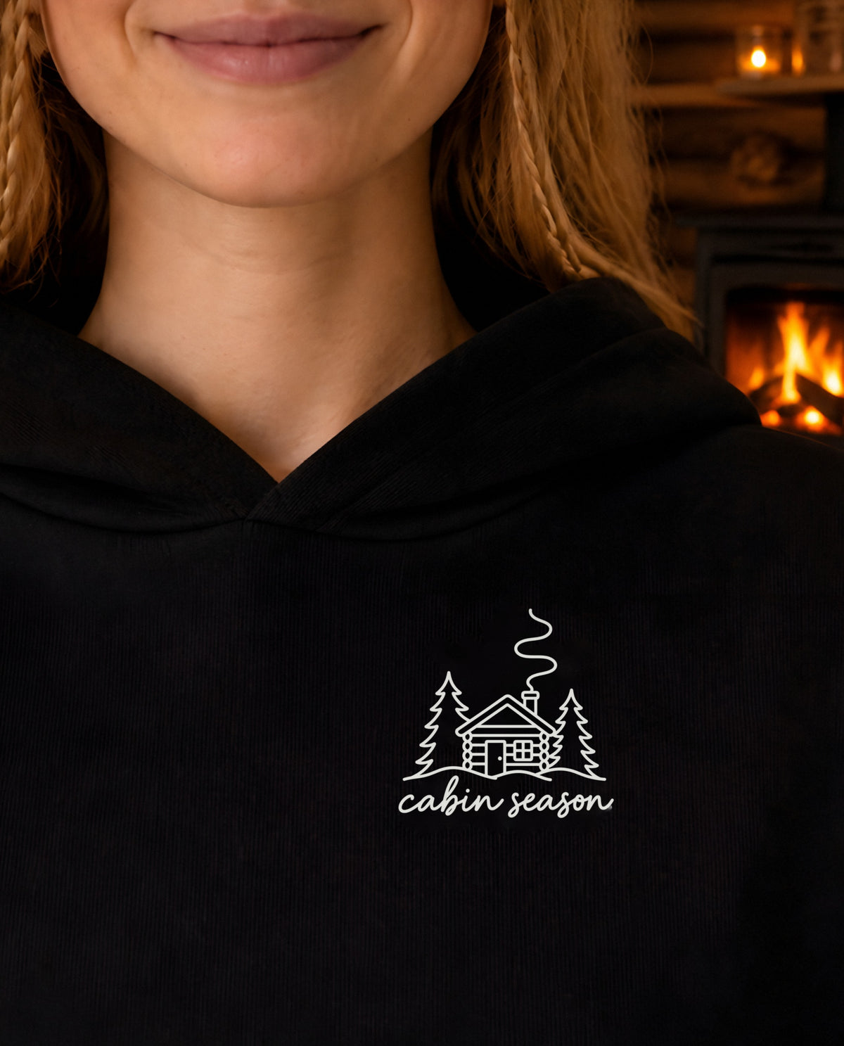 Cabin Season minimalist crop hoodie for women in Black, print close-up