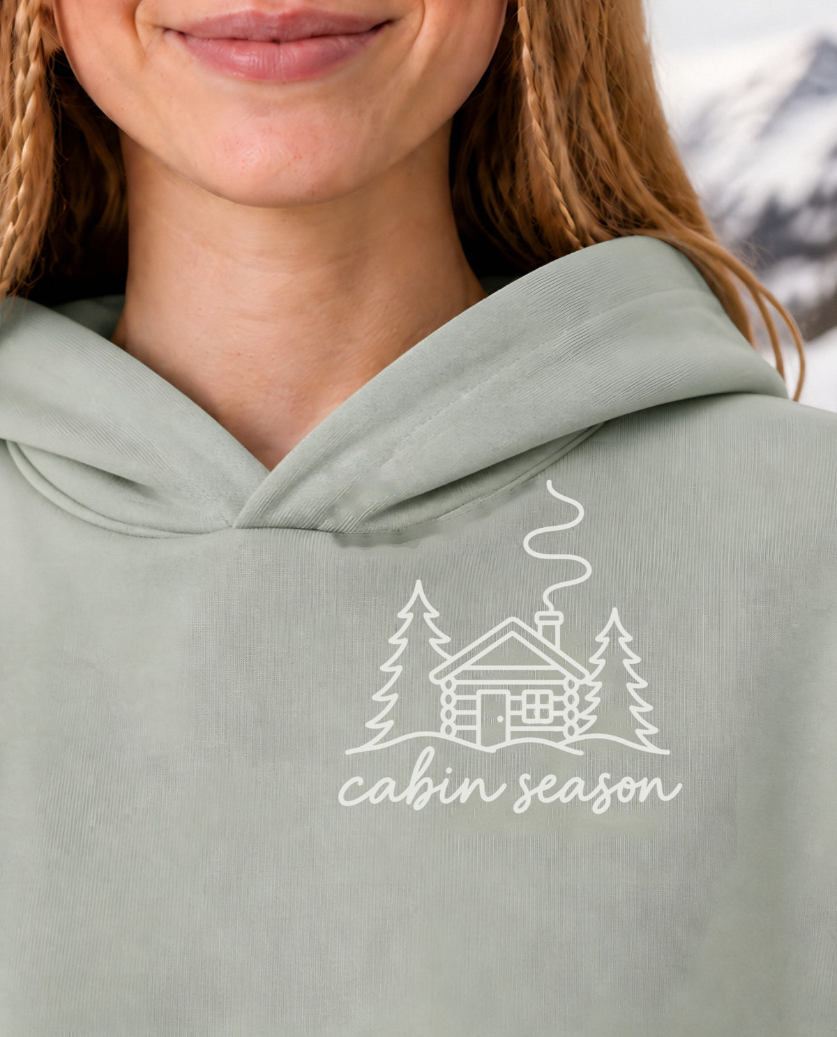 Cabin Season minimalist crop hoodie for women in Matcha, print close-up