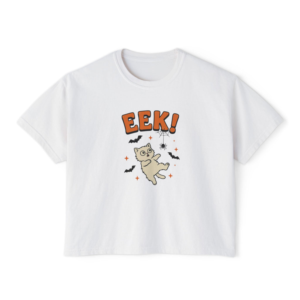 White Eek! scared cat boxy crop tee, flat lay (Color: White)