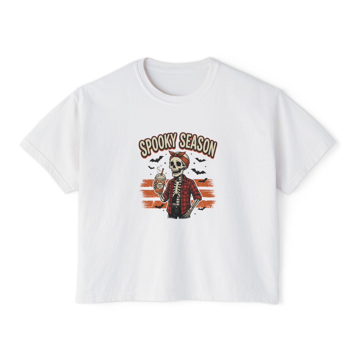 Spooky Season skeleton Halloween graphic crop tee for women (Color: White)