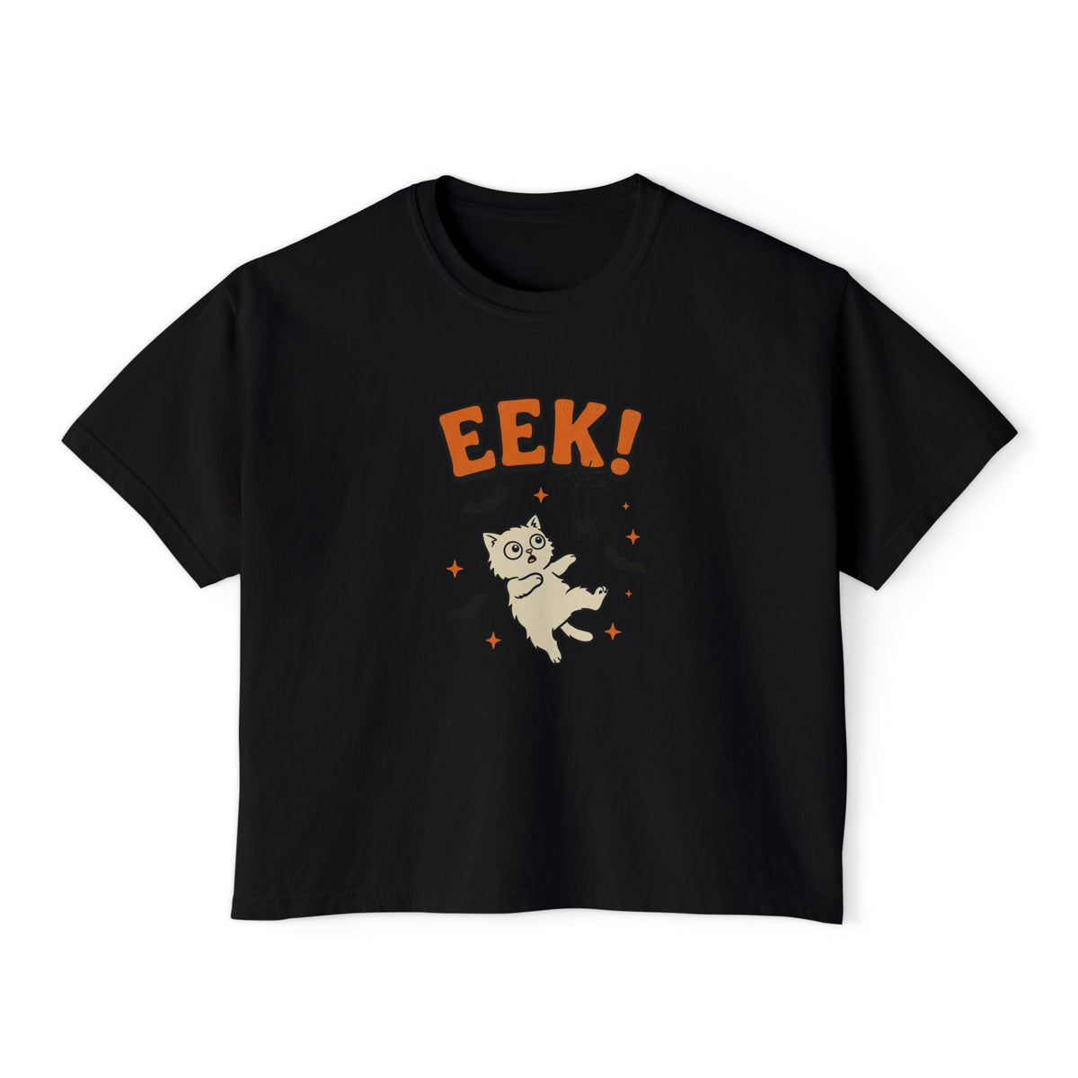 Black Eek! scared cat boxy crop tee, flat lay (Color: Black)