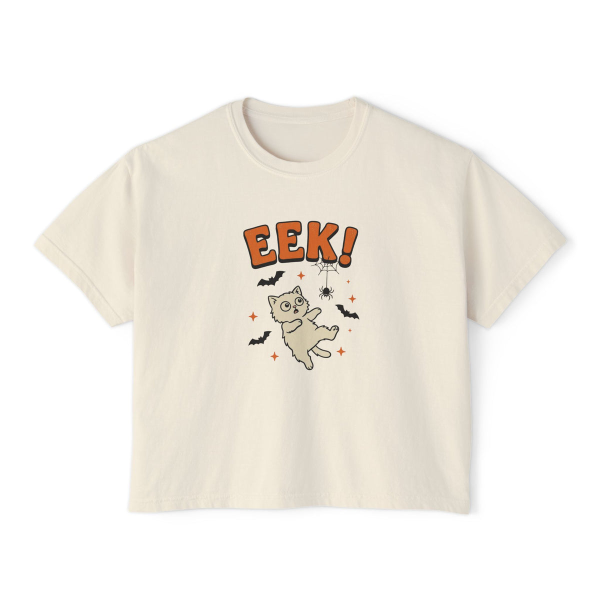 Ivory Eek! scared cat boxy crop tee, flat lay (Color: Ivory)