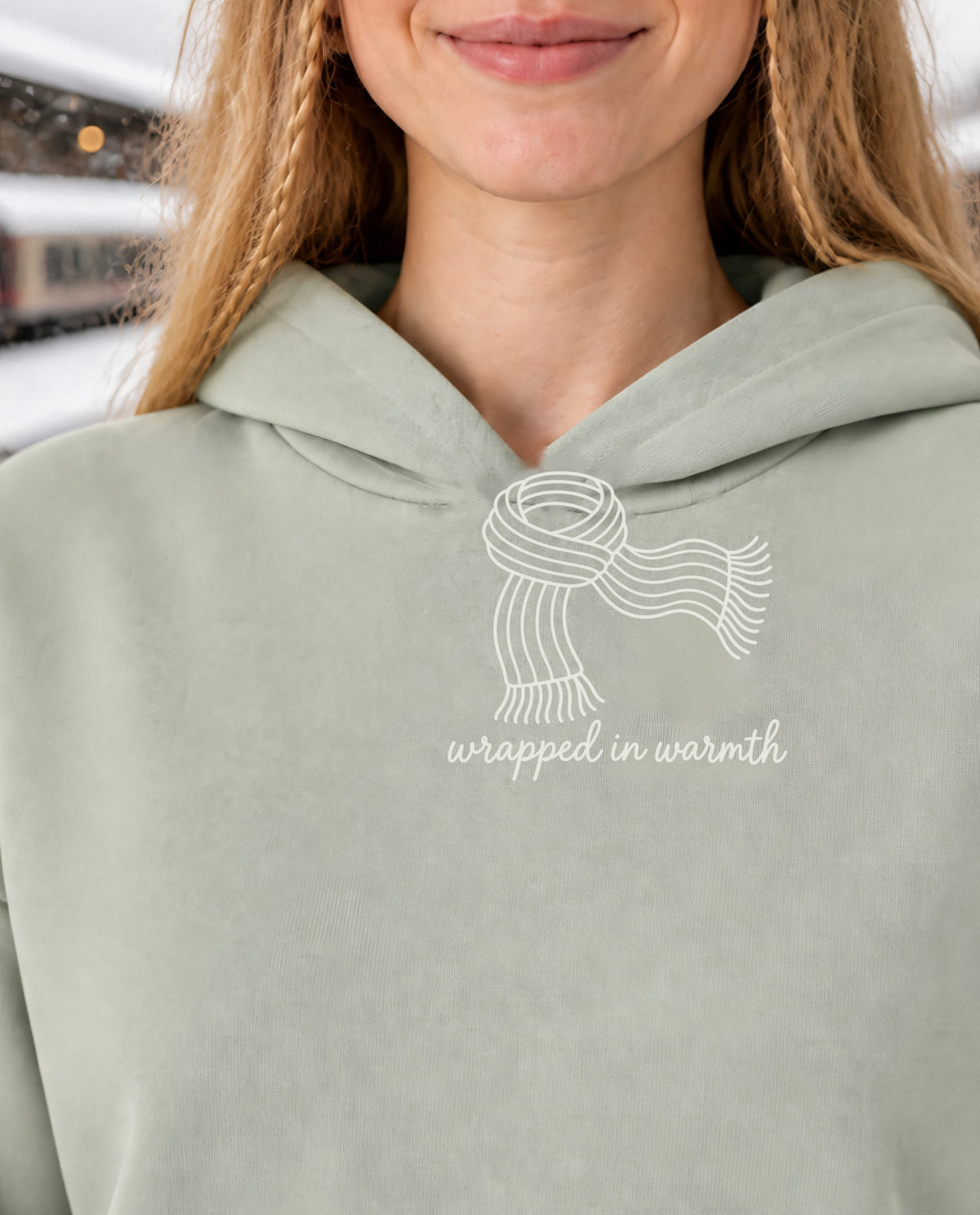 Wrapped in Warmth minimalist crop hoodie for women in Matcha, print close-up