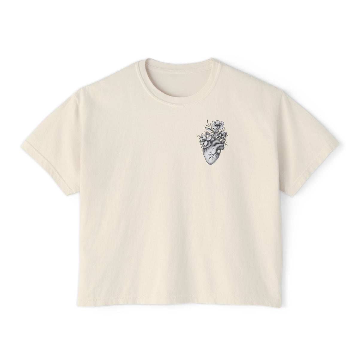 Minimal floral heart chest boxy crop tee