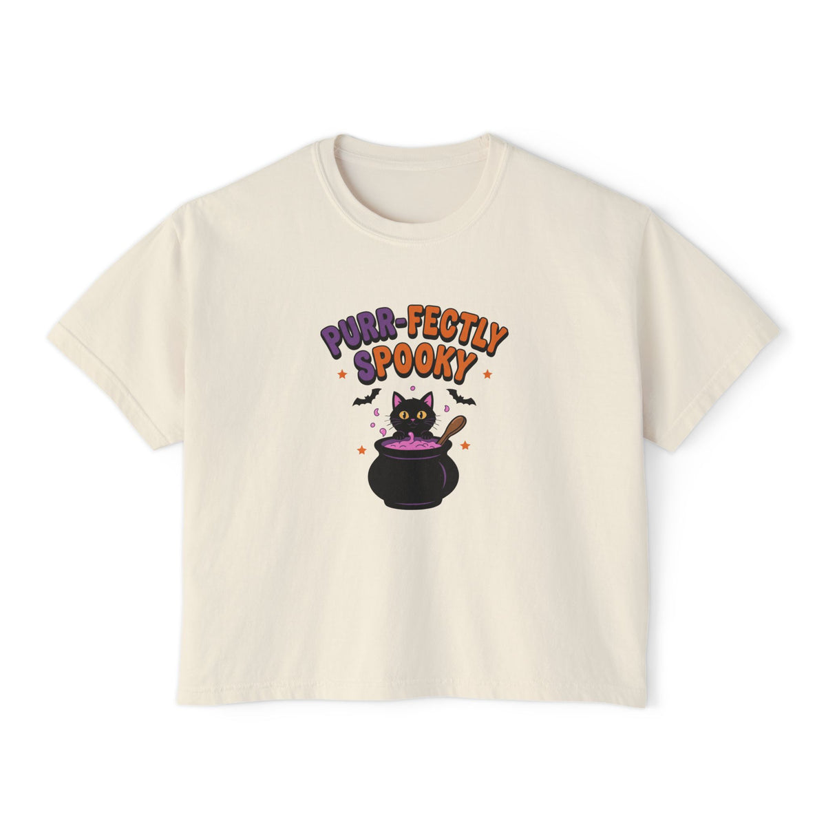 Ivory Purr-fectly Spooky boxy crop tee, flat lay (Color: Ivory)