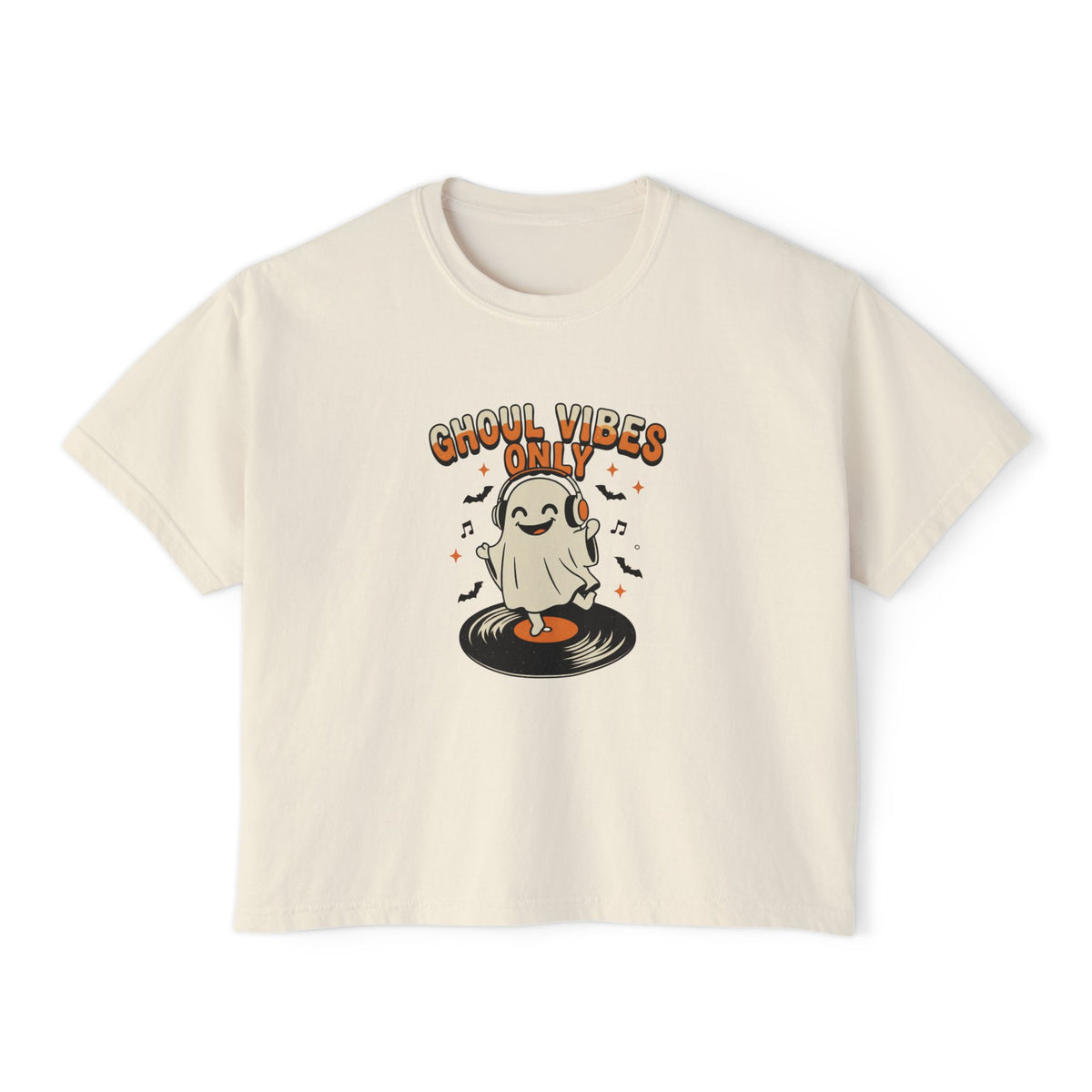 Ivory Ghoul Vibes Only Ghost boxy crop tee, flat lay (Color: Ivory)