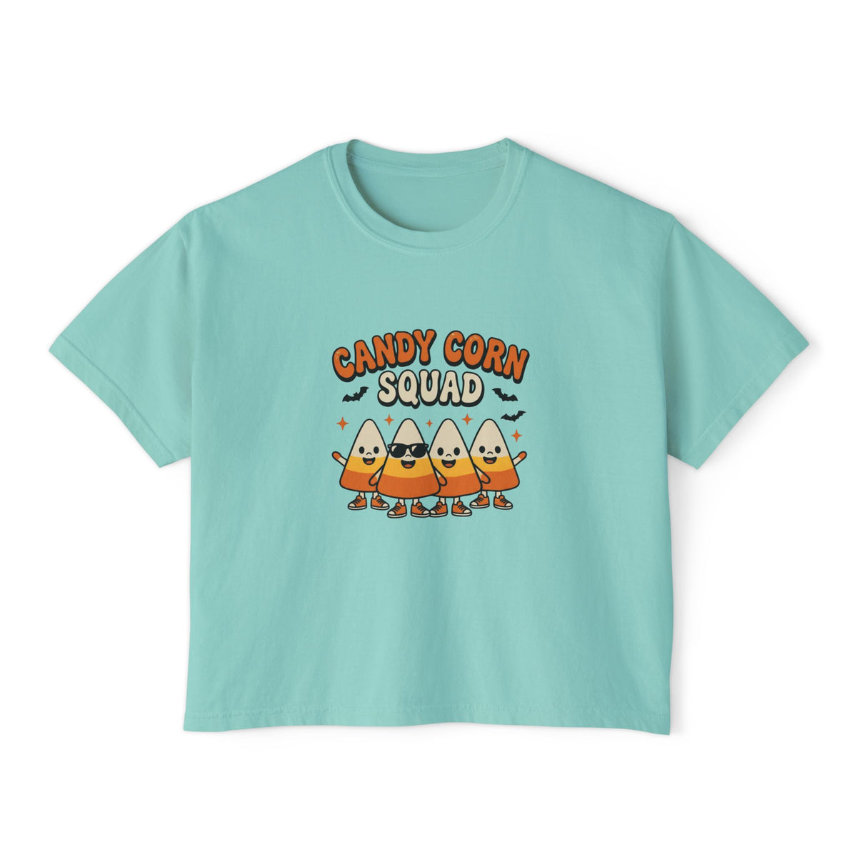 Chalky Mint Candy Corn Squad boxy crop tee, flat lay (Color: Chalky Mint)