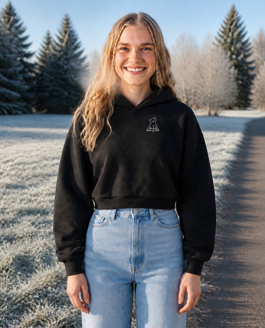 Bear-y Cold minimalist crop hoodie for women in Black, worn by model, lifestyle photo