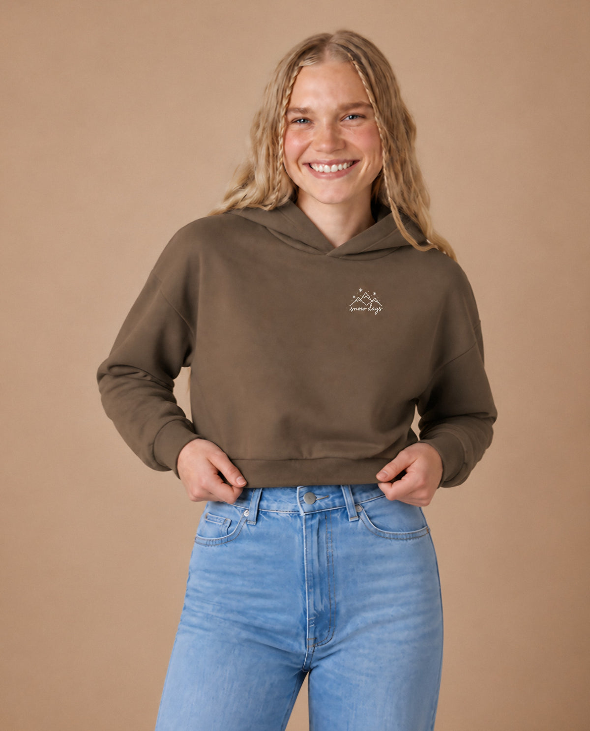 Snow Days minimalist crop hoodie for women in Coffee, worn by model, studio photo
