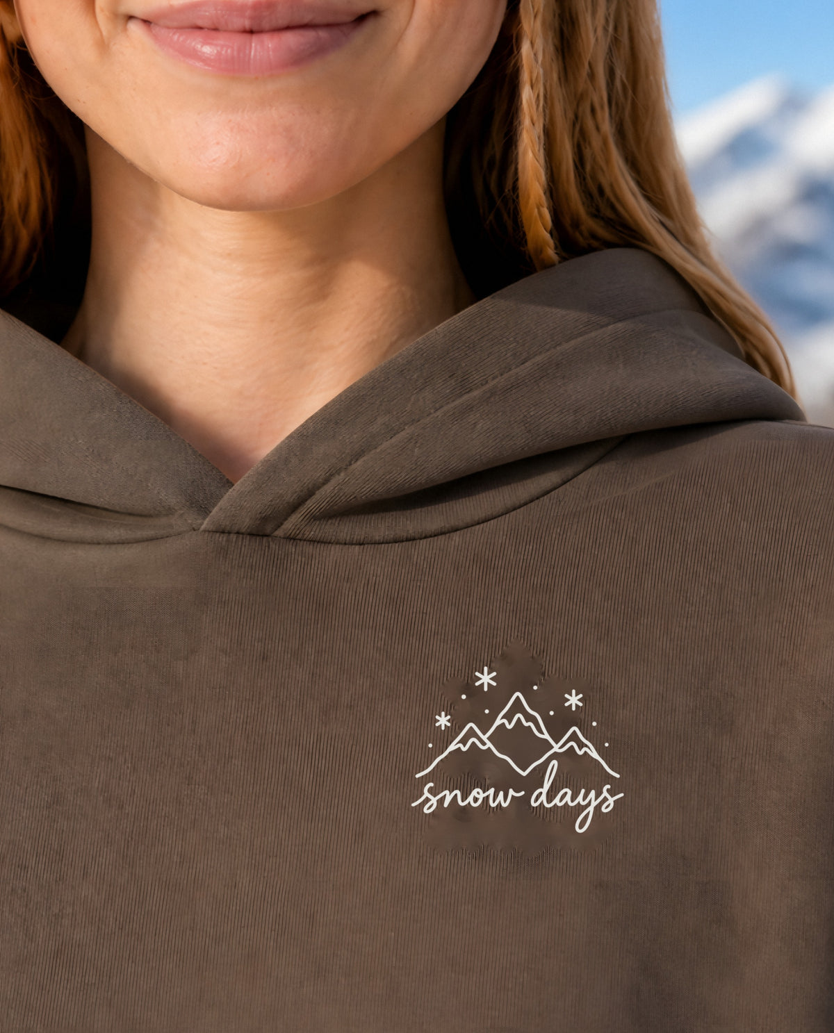 Snow Days minimalist crop hoodie for women in Coffee, print close-up