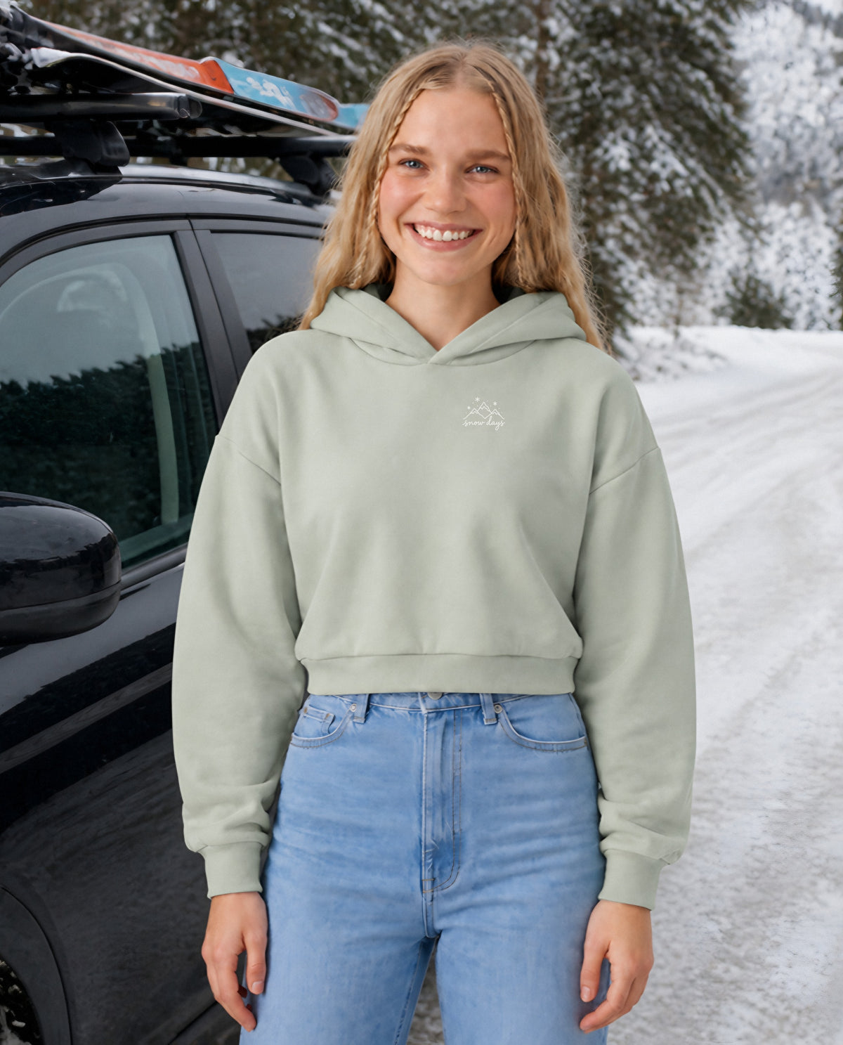 Snow Days minimalist crop hoodie for women in Matcha, worn by model, lifestyle photo