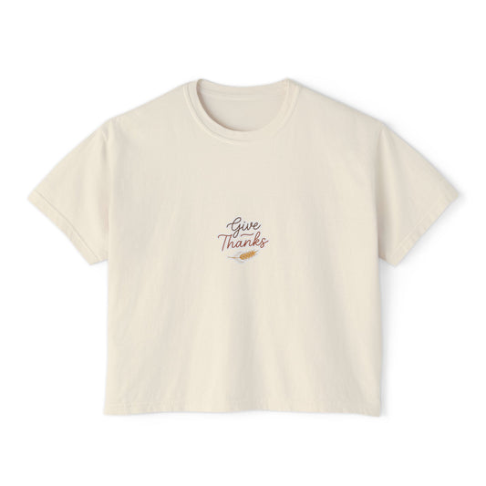 Give Thanks boxy tee, close-up of chest graphic