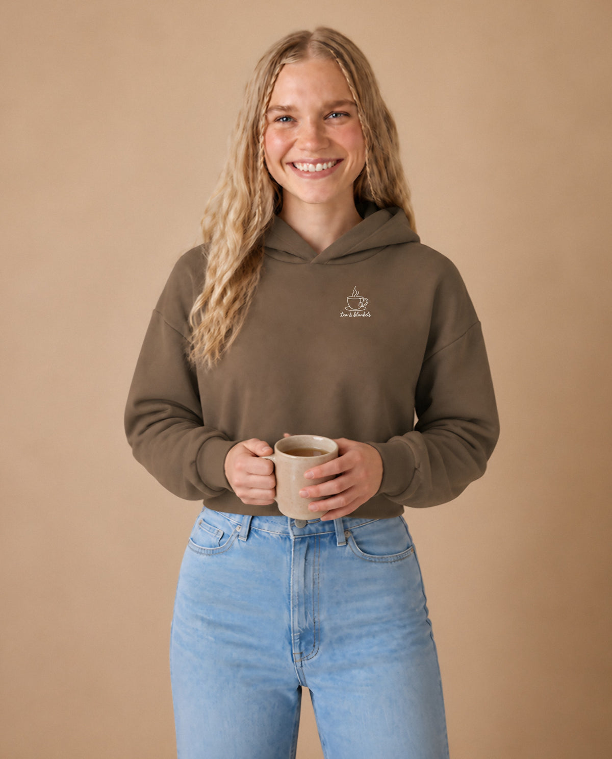 Tea & Blankets minimalist crop hoodie for women in Coffee, worn by model, studio photo