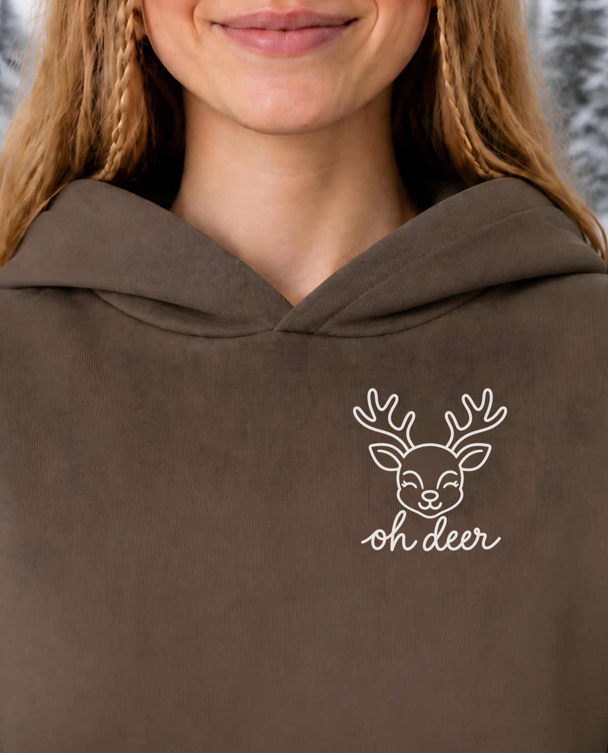 Oh Deer minimalist crop hoodie for women in Coffee, print close-up