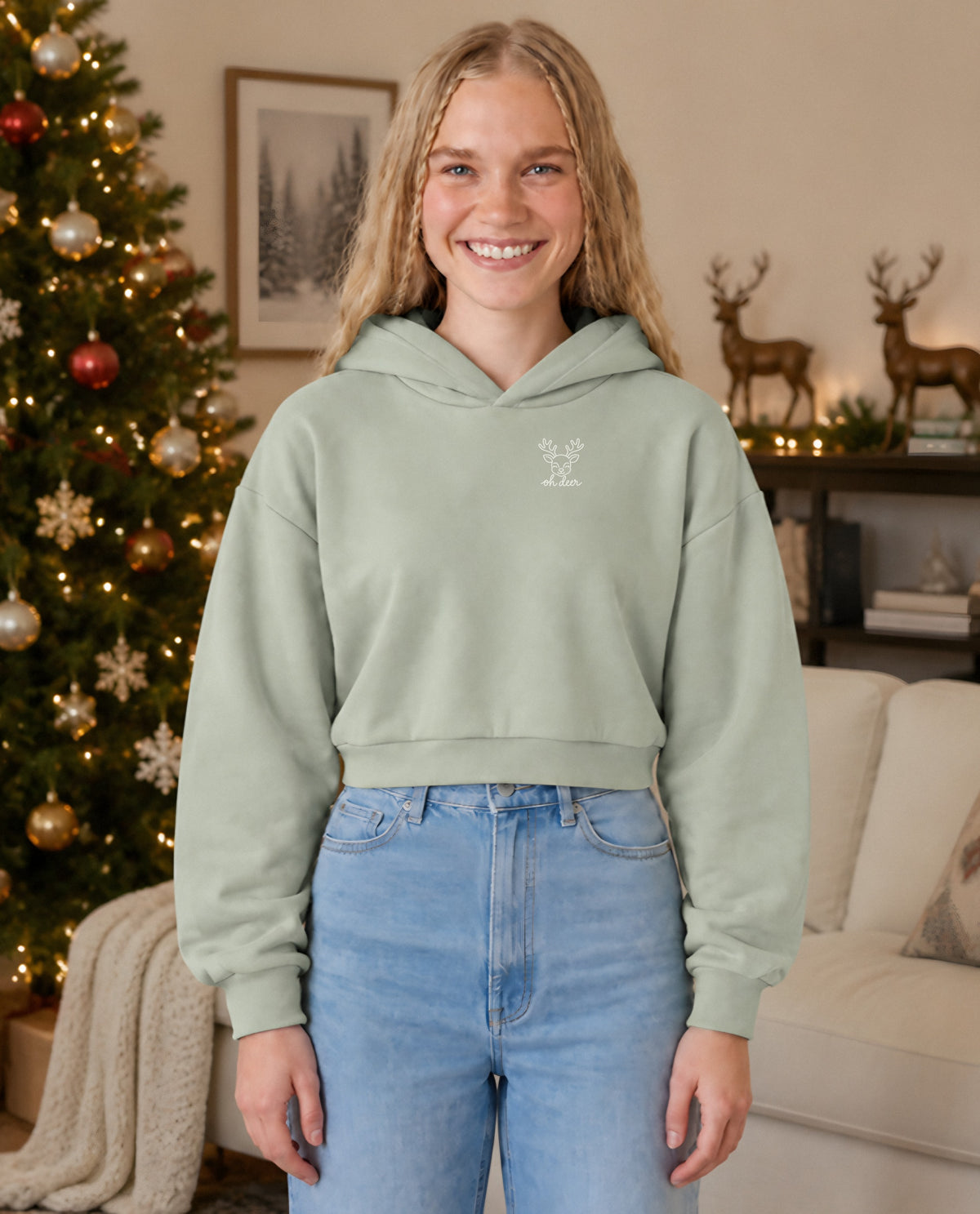 Oh Deer minimalist crop hoodie for women in Matcha, worn by model, lifestyle photo