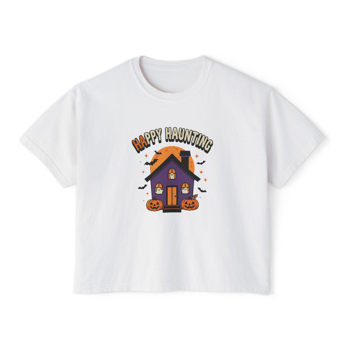 White Happy Haunting Haunted House boxy crop tee, flat lay (Color: White)