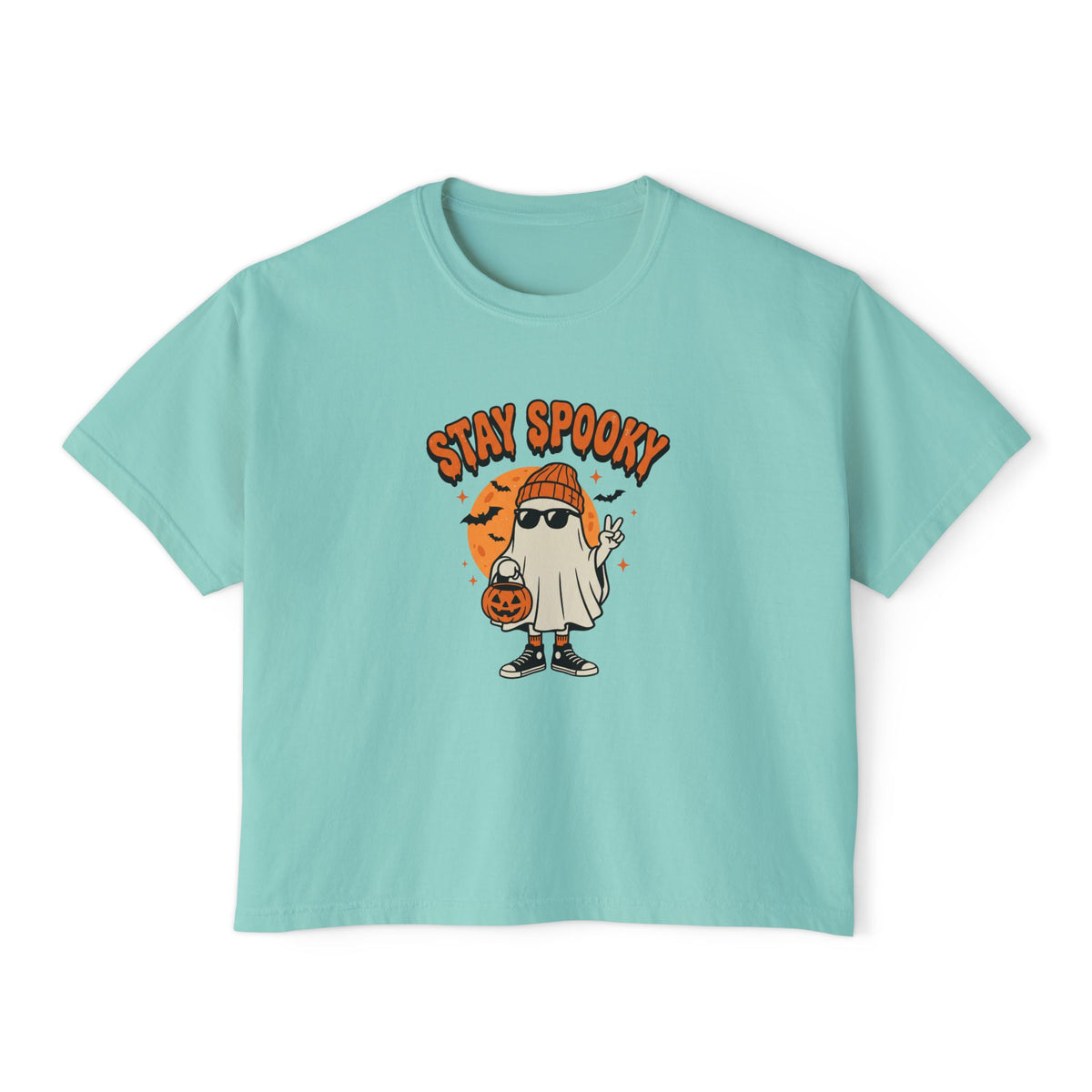 Stay Spooky ghost Halloween graphic crop tee for women, photo 4 (Color: Chalky Mint)