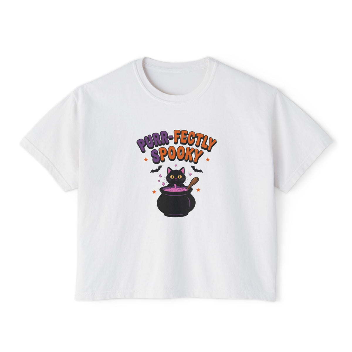 White Purr-fectly Spooky boxy crop tee, flat lay (Color: White)