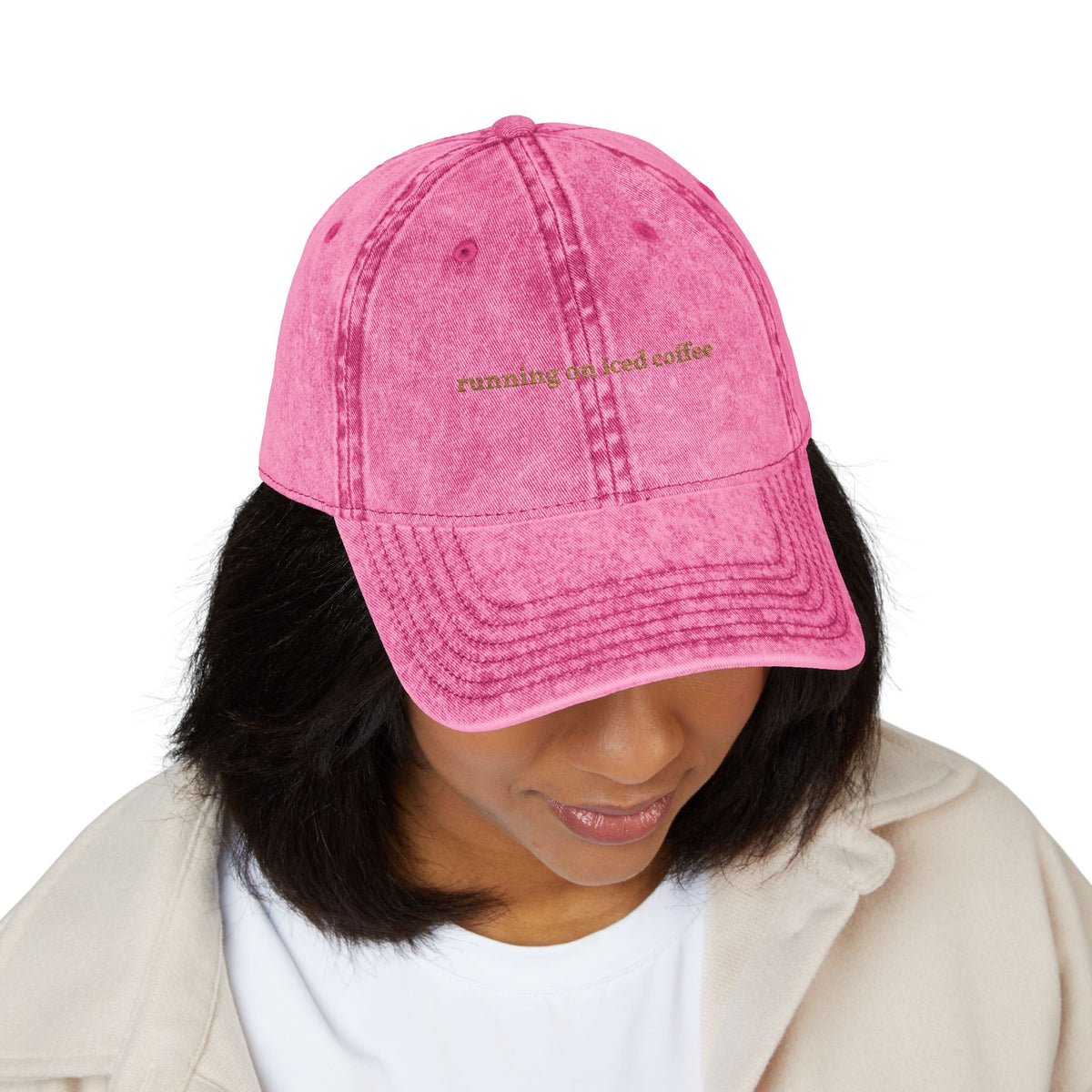 "running on iced coffee" embroidered vintage washed dad hat, photo 3
