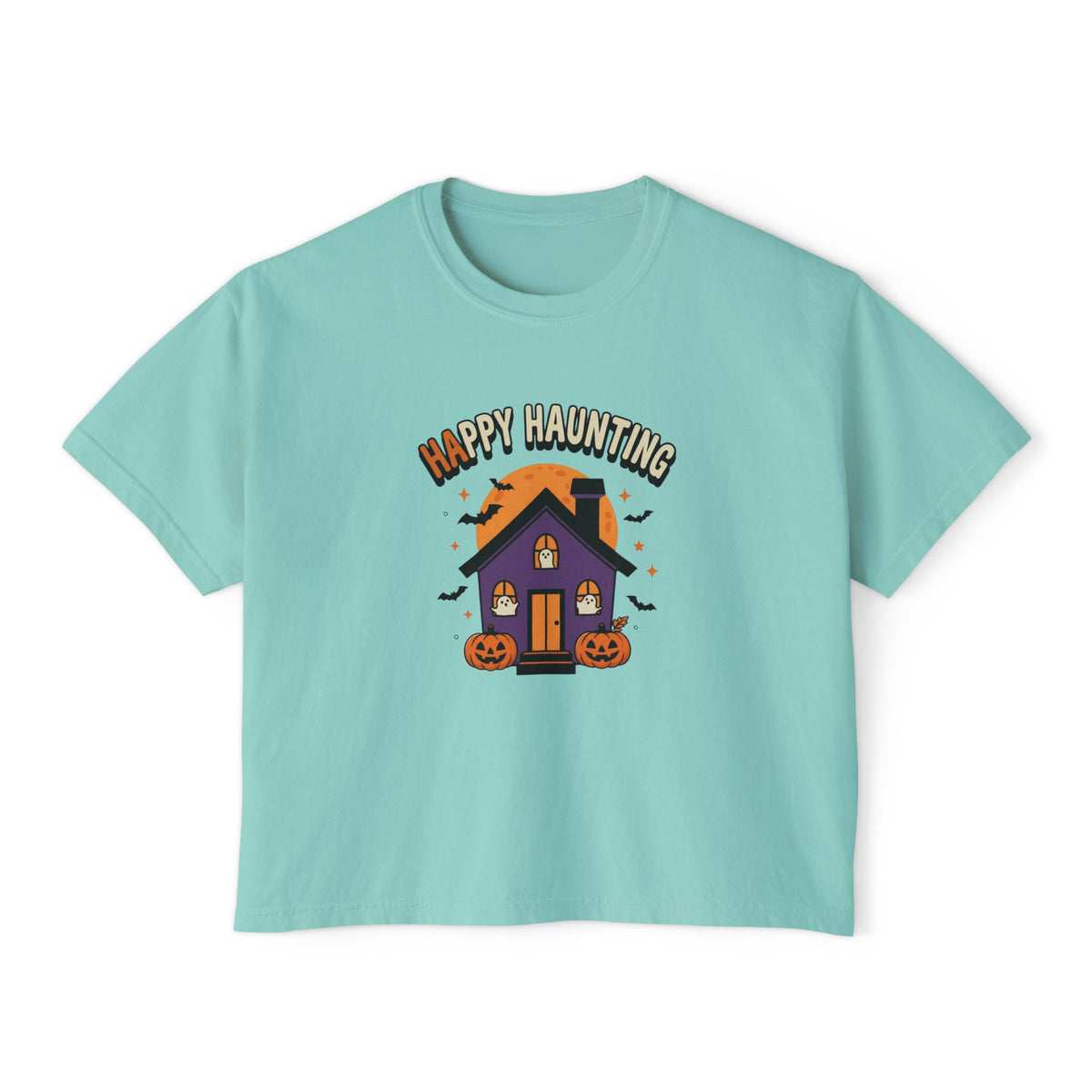 Chalky Mint Happy Haunting Haunted House boxy crop tee, flat lay (Color: Chalky Mint)