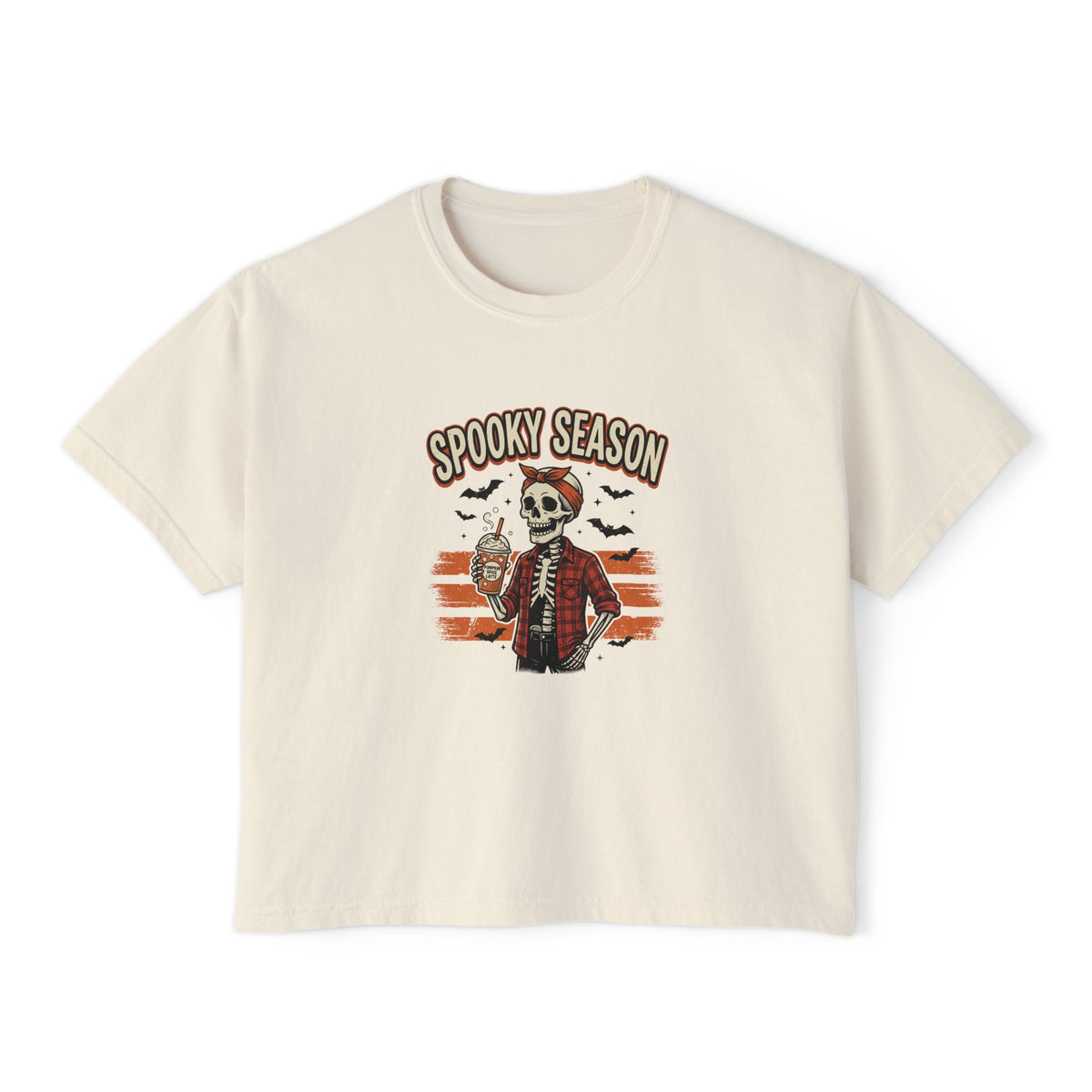 Spooky Season skeleton Halloween graphic crop tee for women, photo 2 (Color: Ivory)