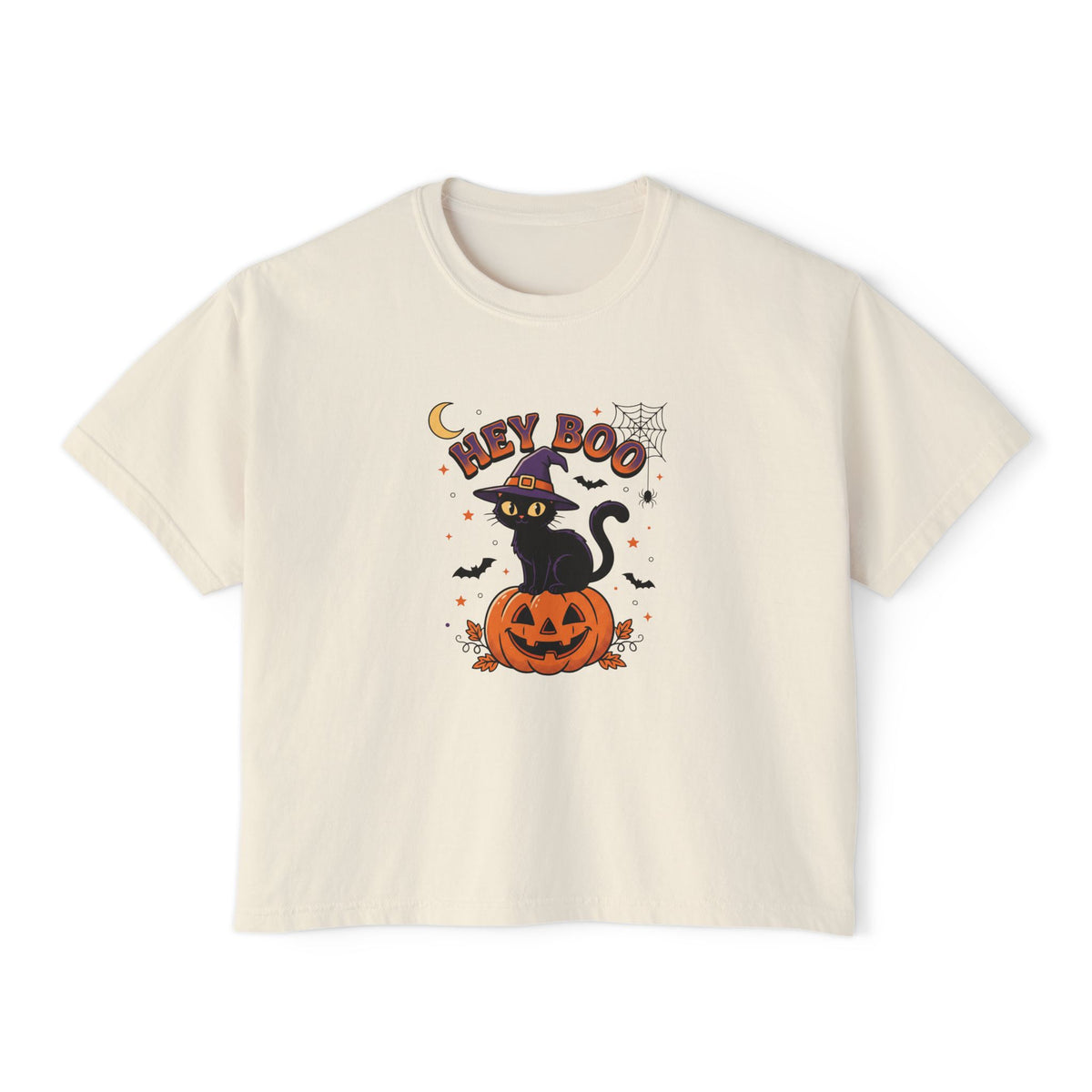 Ivory Hey Boo Black Cat boxy crop tee, flat lay (Color: Ivory)