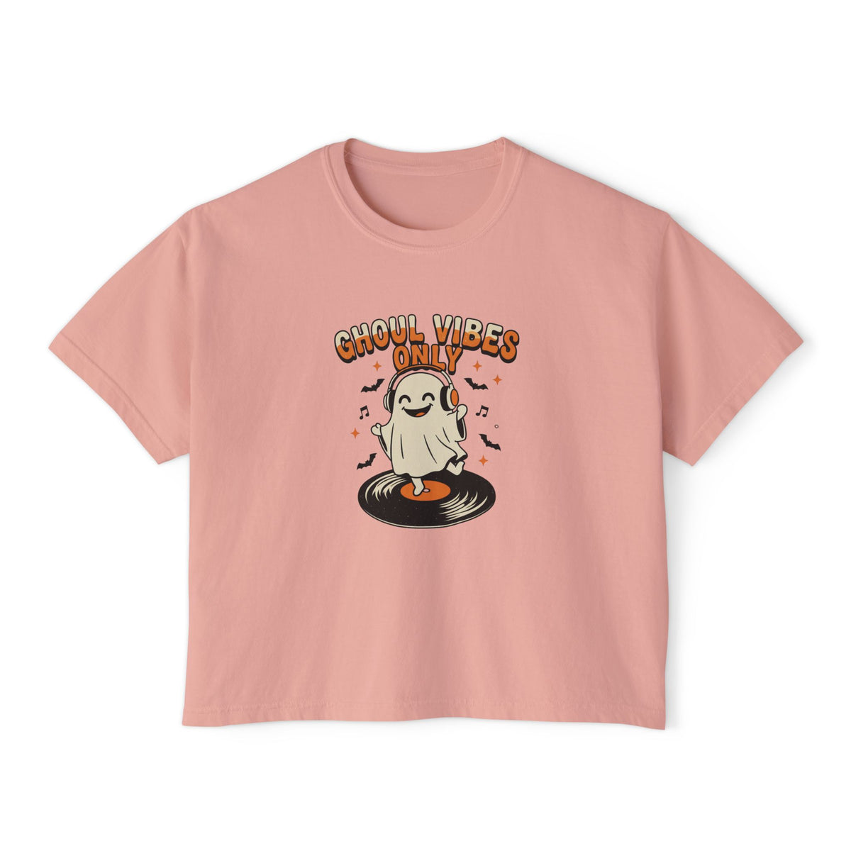 Peachy Ghoul Vibes Only Ghost boxy crop tee, flat lay (Color: Peachy)